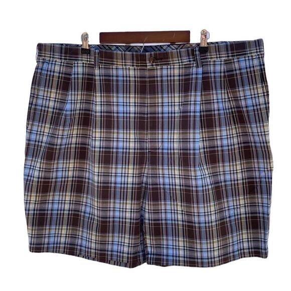 Roundtree & Yorke Gold Label Men's Brown Blue Plaid Pleated Front Shorts Size 44 - Picture 1 of 7